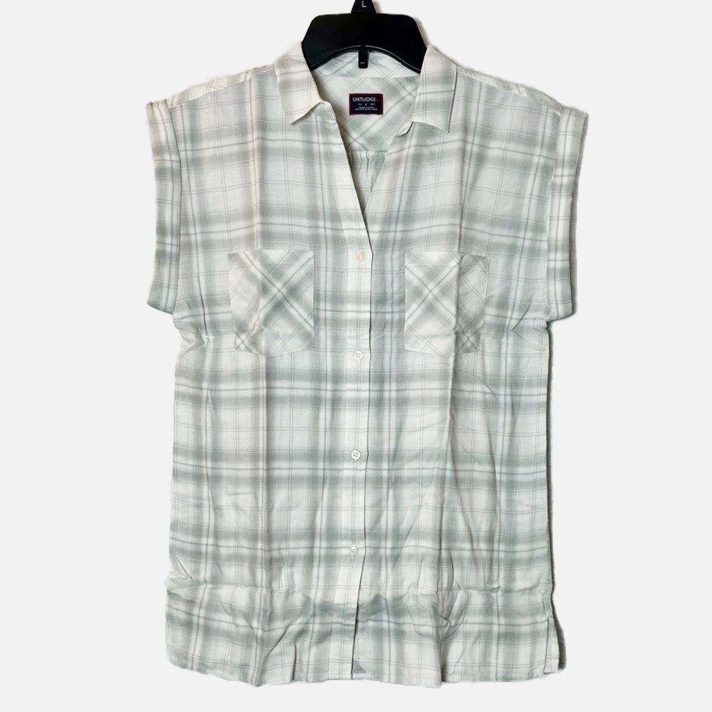 NWT UNTUCKit Women's Villefranche Plaid Cap Sleeve Gray White Shirt